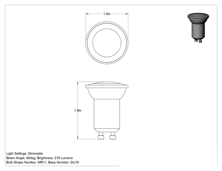 Teknik Çizim - Bükümlü Kilit Tabanlı LED Projektör Ampulü, MR11, 35W Eşdeğer Akkor, 210 lümen