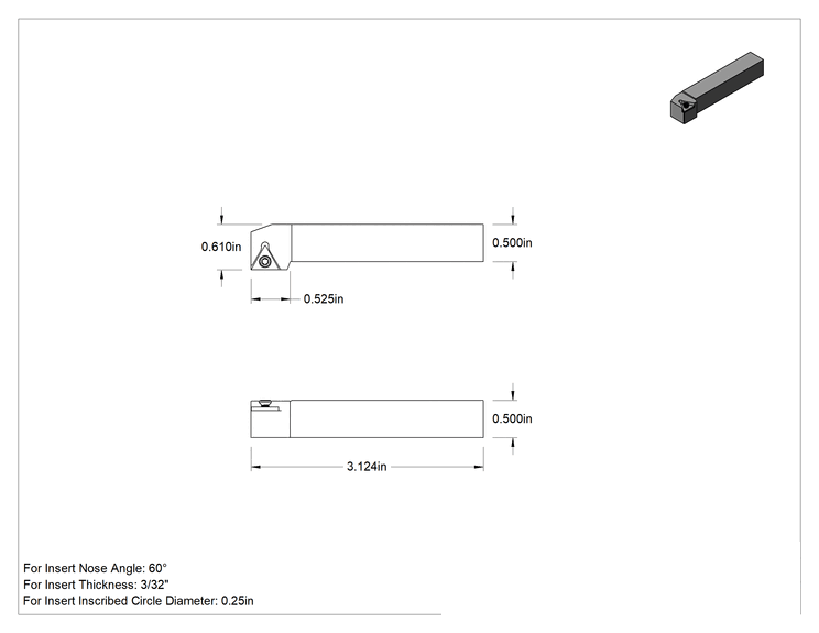 Teknik Çizim - Döner Karbür Uç Tutucu, Stgc, Sağ Yönlü, 1/4" İç Çap için, 1/2" Şaft Genişliği