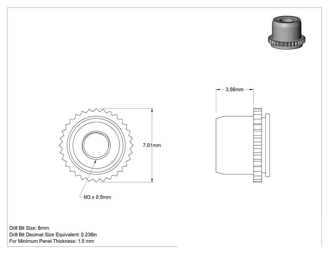 Teknik Çizim - Sac Metal için Naylon Ekli Presle Takılan Kilit Somunu, Çinko Kaplı Çelik, M3 x 0.50 mm Dişli Boyutu