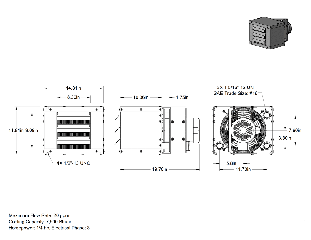 Teknik Çizim - Yağ için Yüksek Kapasiteli Isı Emici, Tamamen Kapalı Fan Soğutmalı, 1-5/16"-12 Dişi Diş, 7500 Btu/saat Soğutma Kapasitesi