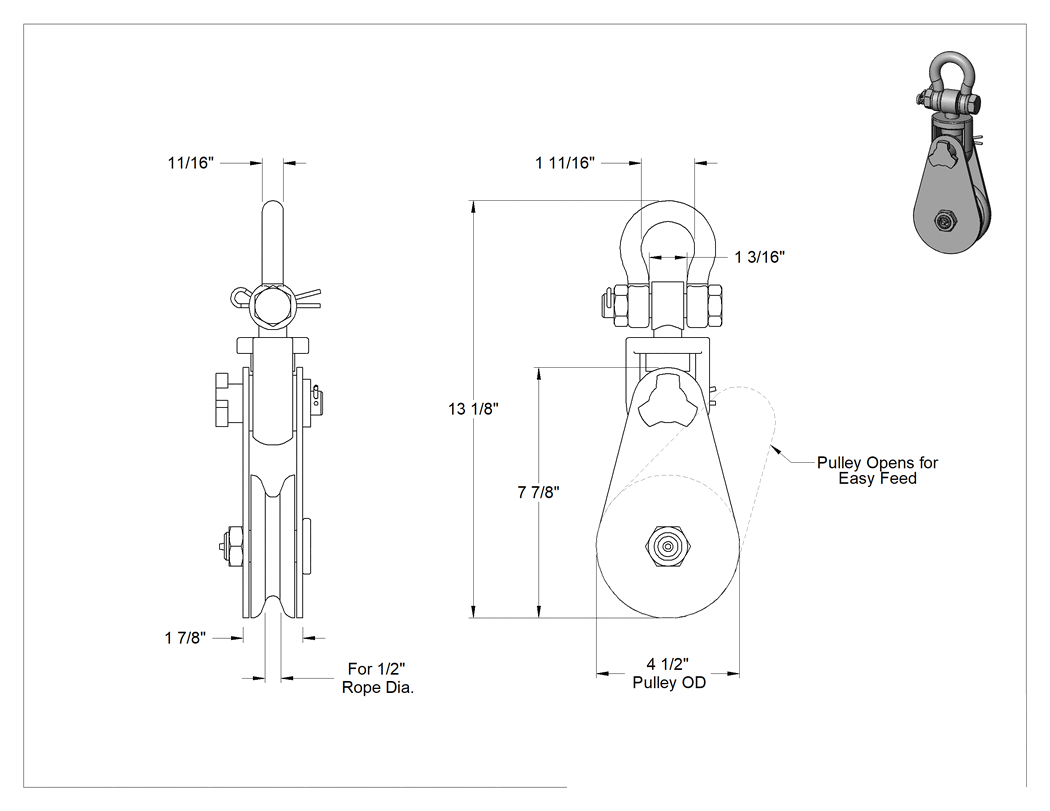 Teknik Çizim - Kaldırma için Tel Halatlı Asma Kasnağı, Easy-Open, Tek Oluklu, Döner Şakel, 1/2" Çap için