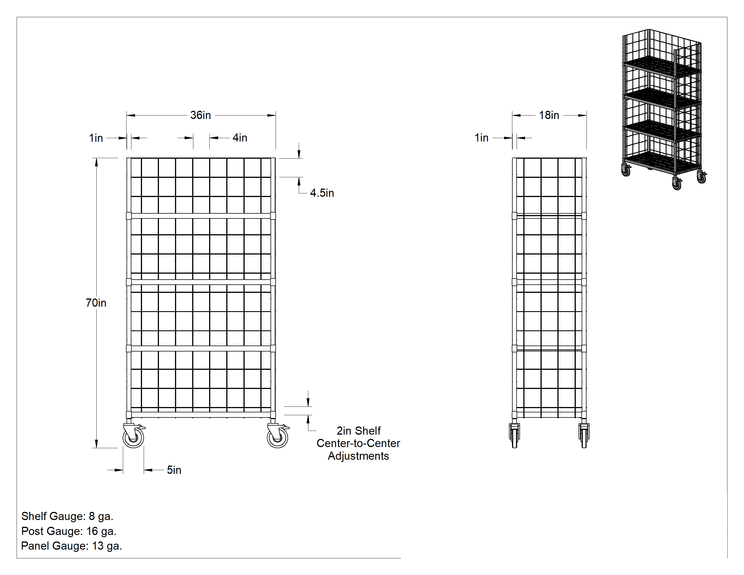 Teknik Çizim - Üç taraflı tel raf, 4 Raflı, 36 inç Genişlik x 70 inç Yükseklik x 18 inç Derinlik