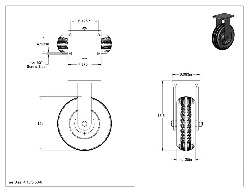 Teknik Çizim - Pnömatik Tekerlek, 12" Çaplı Siyah Kauçuk Tekerlekli ve 7-1/2" x 5-1/2" Plakalı Sert
