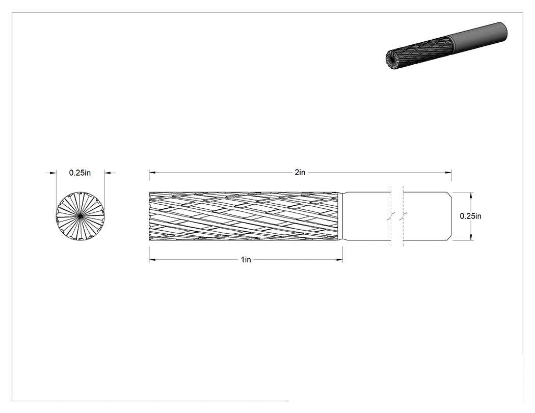 Teknik Çizim - 1/4" Çaplı Şaftlı Karbür Freze Ucu, Düz Kesici Silindir, Ticaret No. Sb-1L, Çift Kesimli Diş