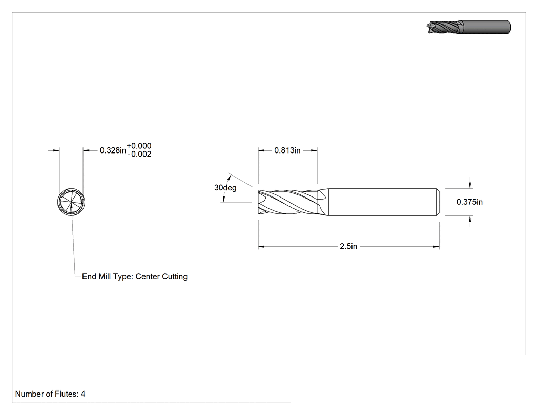 Teknik Çizim - Karbür Freze Ucu, Kare Uç, TICN, 4 Kanallı, 21/64" Freze Çapı, 2-1/2" Toplam Uzunluk
