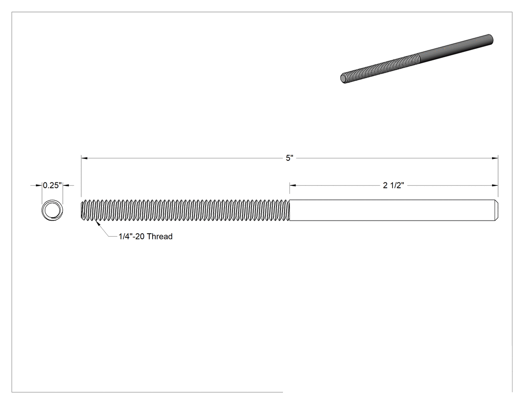 Teknik Çizim - Çelik Gerdirme - Kaldırma Amaçlı Değildir, Sadece Dişsiz Uç Bağlantı Parçası, 1/4"-20 Sol Diş
