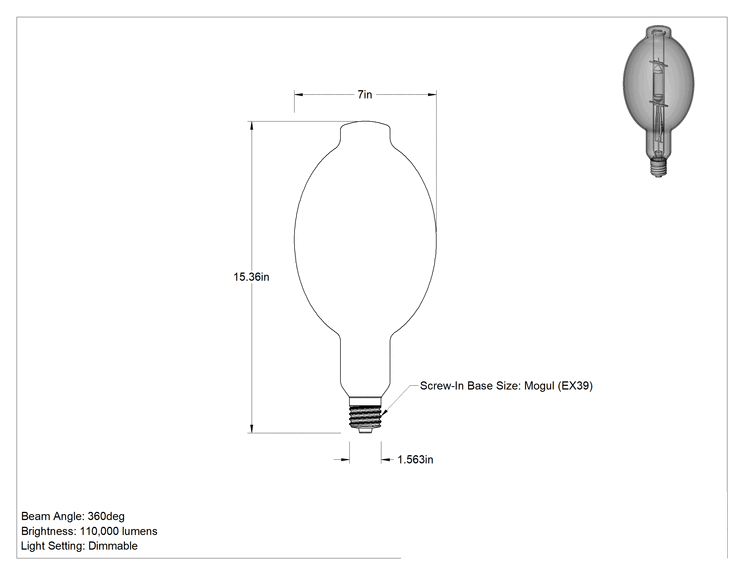 Teknik Çizim - Metal Halide Ampul, BT56 Üflemeli Boru, EX39 Mogul Tabanı, 1000W, 4200K