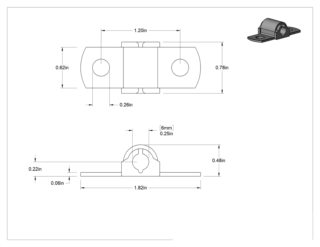 Teknik Çizim - Titreşim Sönümleyici Yönlendirme Kelepçesi, TPE Kauçuk Yastıklı Çinko Kaplı Çelik, 1/4" İç Çap