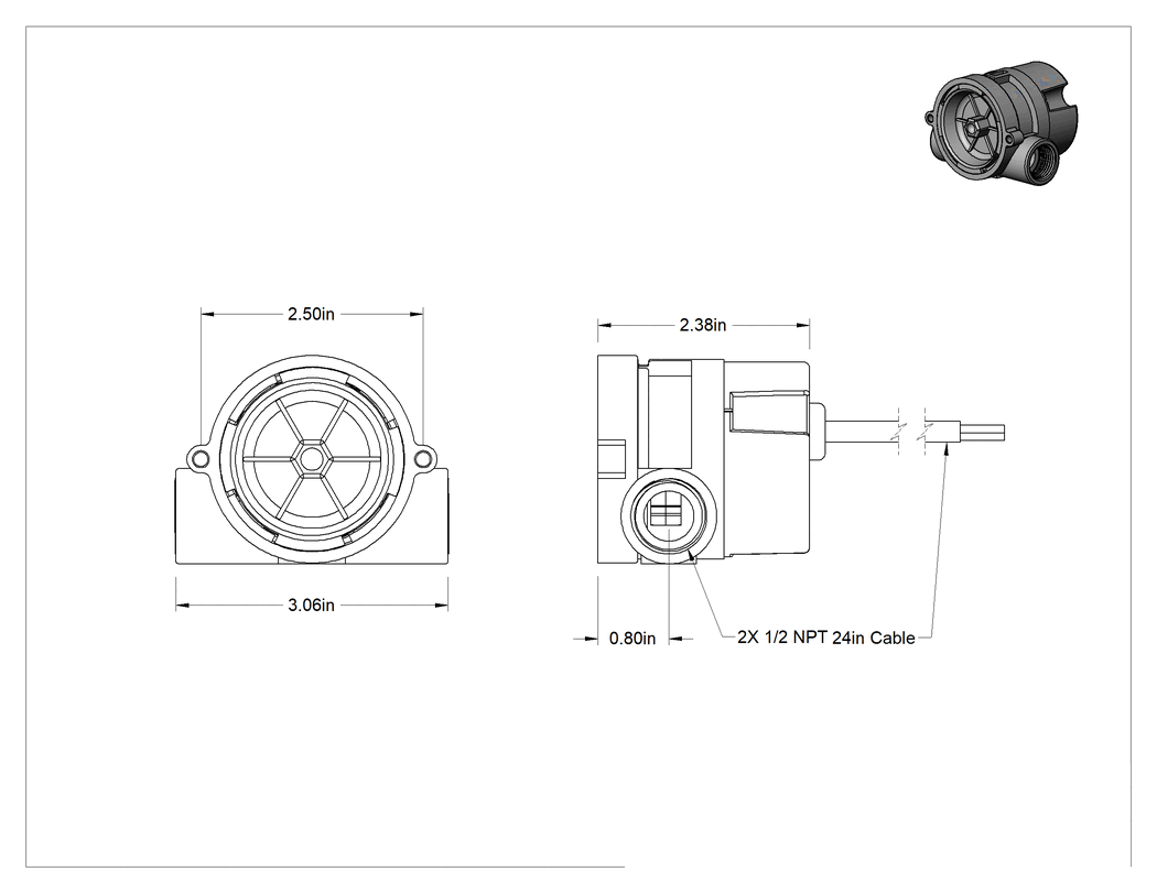 Teknik Çizim - Gözetleme Camlı Akış Transmitteri, Dijital Darbe Çıkışı, Polipropilen, 1/2 NPT Dişi, 1.5-20GPM