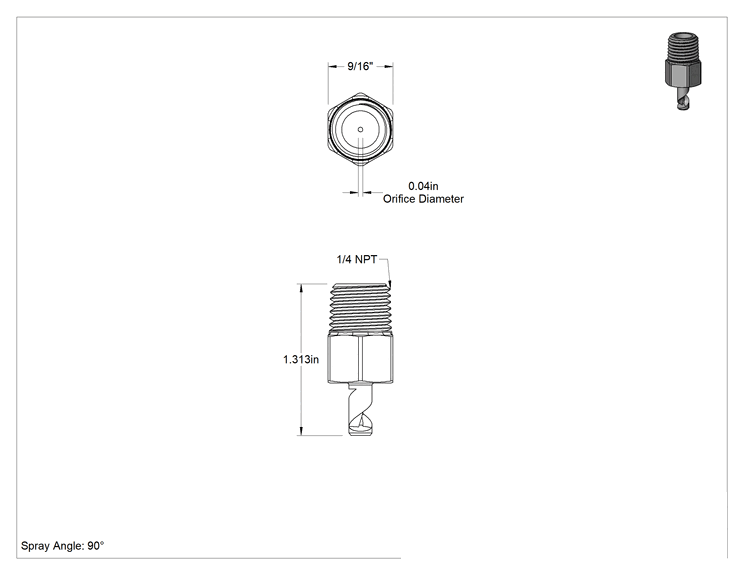 Teknik Çizim - Yüksek Hacimli Tıkanmaya Dayanıklı Sisleme Nozulu, Pirinç, 1/4 NPT Erkek, 10 PSI'da 8.4 gph