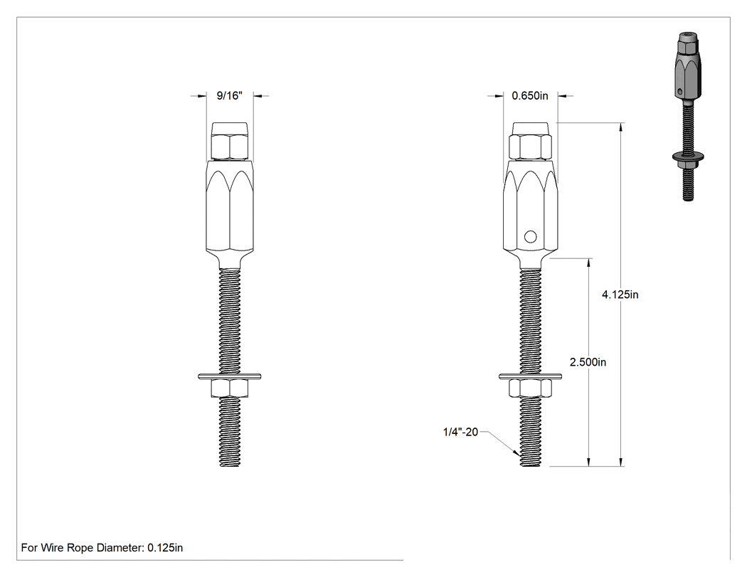 Teknik Çizim - Plug-Lock Tel Halat Uç Bağlantı Elemanı - Kaldırma için, Çinko Kaplamalı, Saplama Ucu, 1/8" halat çapı için, 1/4"-20 Diş Boyutu