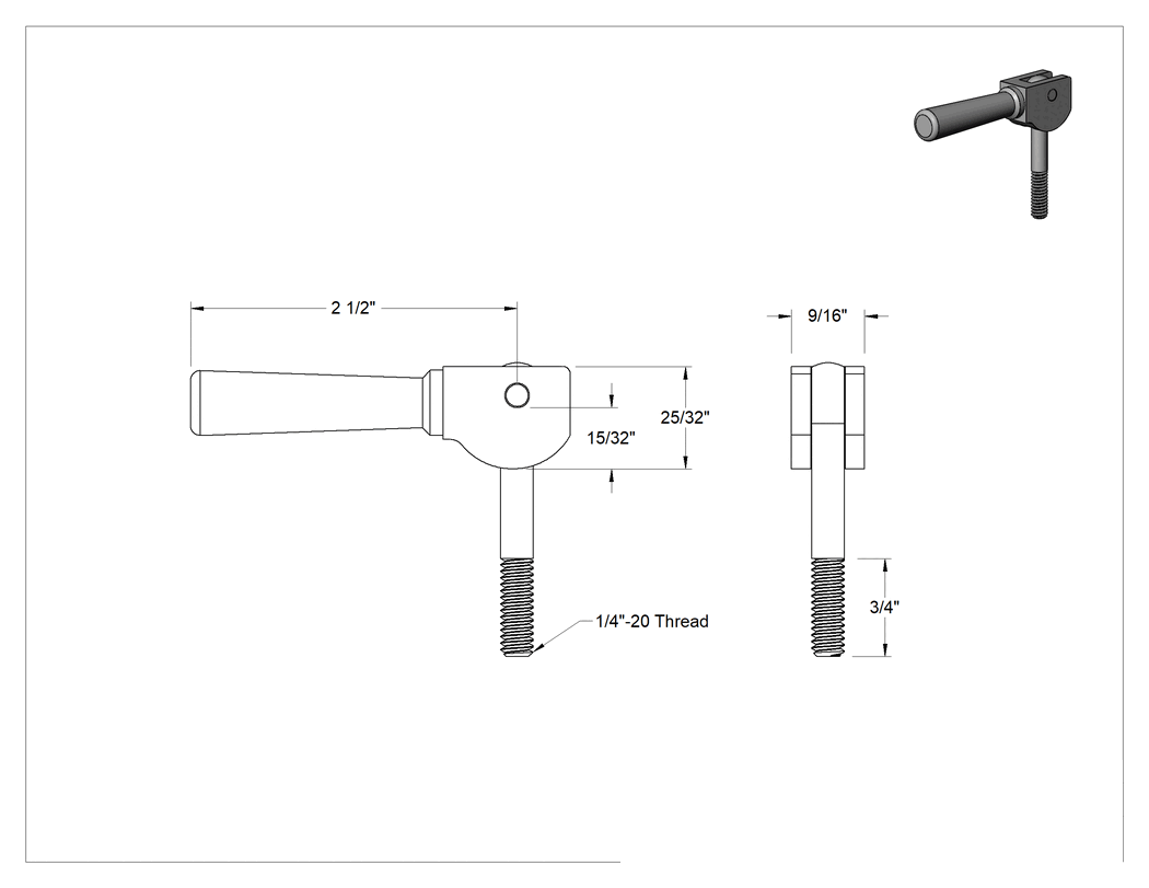 Teknik Çizim - Ağır Hizmet Tipi Kam Kolu, 1/4"-20 Diş Boyutu, 3/4" Diş Uzunluğu