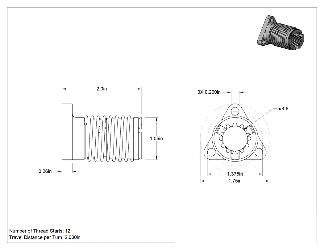 Teknik Çizim - Hızlı Hareketli Ultra Hassas Kılavuz Vida için Yaylı 5/8"-6 Dişli Somun
