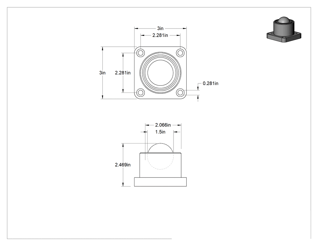 Teknik Çizim - Flanş Montajlı Bilyalı Transfer, Ağır Hizmet Tipi, 1-1/2" Küre Çapı, Siyah Oksit Çelik Muhafaza