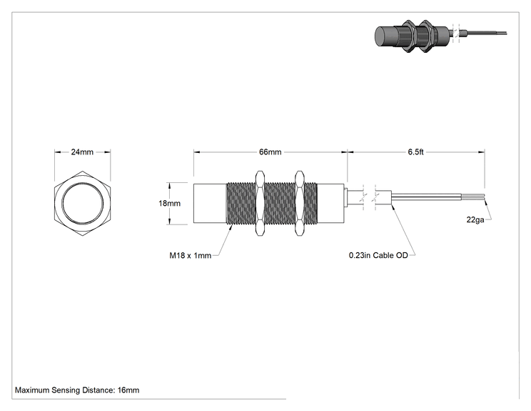 Teknik Çizim - Uzun Mesafeli Metal Nesne Yakınlık Anahtarı, DC, Paslanmaz Çelik Muhafaza, Tel Uçlu Çıkıntılı, 18 mm Çap