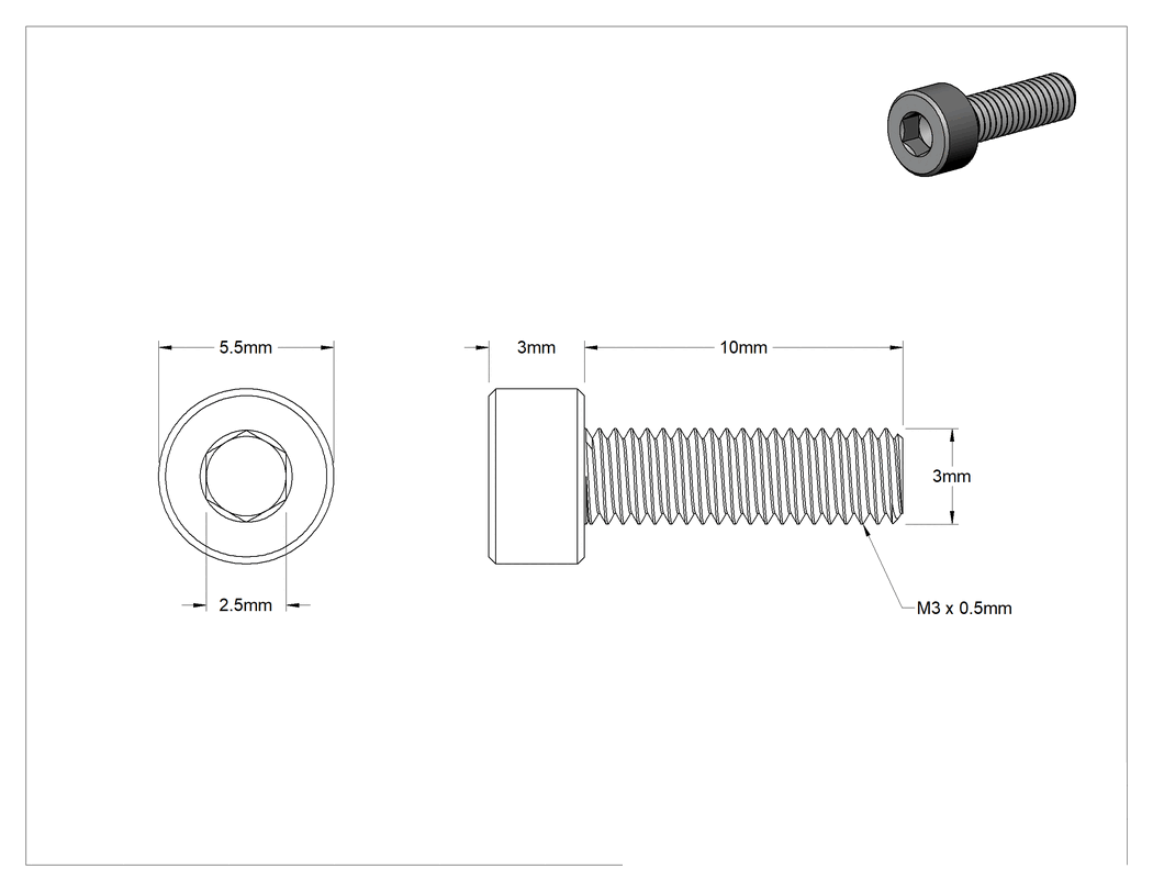 Teknik Çizim - Alaşımlı Çelik Alyan Başlı Vida, Çinko Kaplama, M3 x 0.5 mm Dişli, 10 mm Uzunluk