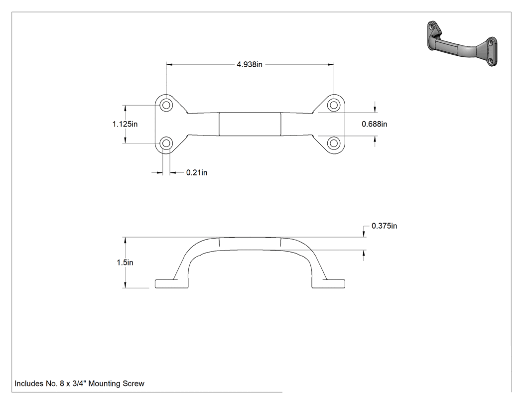 Teknik Çizim - Dişsiz Delikli Oval Çekme Kolu, Alüminyum, 4-15/16" Merkezden Merkeze Genişlik