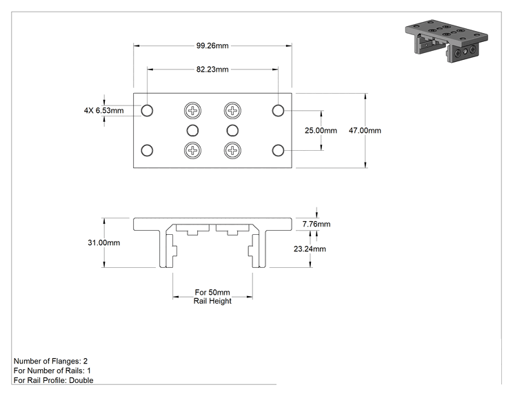 Teknik Çizim - T-Yivli Çerçeve, Standart Yatak, 50 mm Yüksekliğinde Çift Ray, 2 Flanş, 47 mm Uzunluk, Gümüş