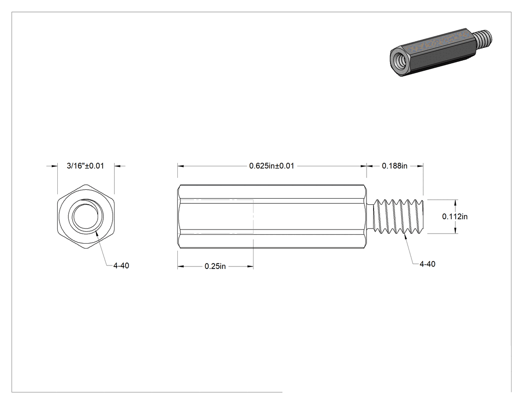 Teknik Çizim - Naylon 6/6 Plastik Altıgen Ara Parça, 3/16" Altıgen, 5/8" Uzunluk, 4-40 Erkek-Dişi Diş