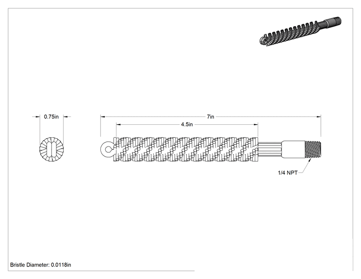 Teknik Çizim - Ağır Temizlik Dişli Şaftlı Tüp Fırçası, Çelik Kıllı, 1/4 NPT Erkek, 3/4 inç Çap