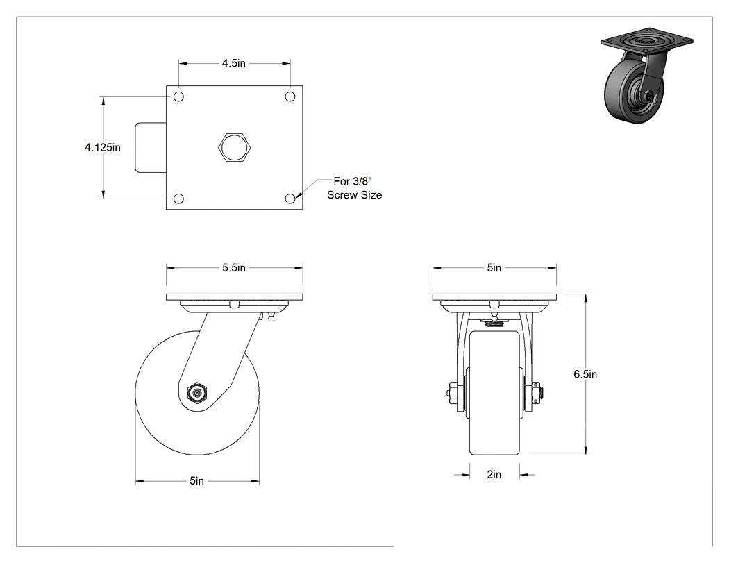 Teknik Çizim - 5-1/2" x 5" Plakalı Yüksek Kapasiteli Spartan Tekerlek, Açık Rulmanlı ve 5" Çapında Fenolik Tekerlekli Döner