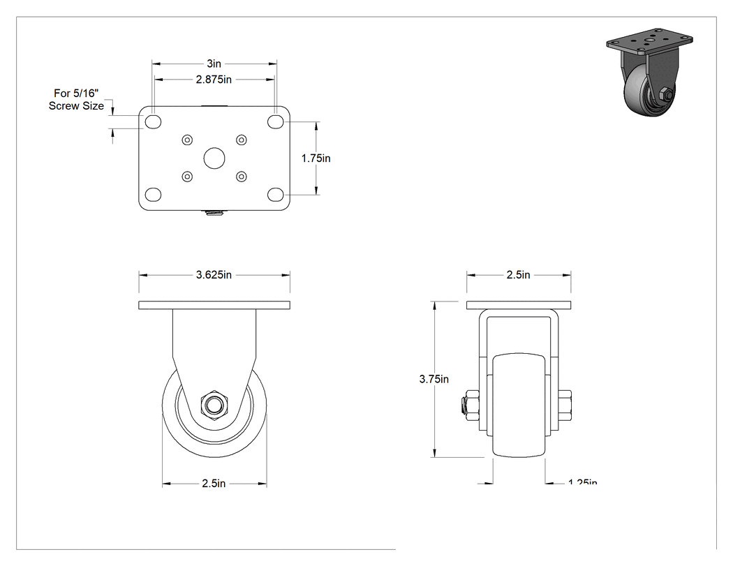 Teknik Çizim - Creston Tekerlek, 2-1/2" Çapında 80A Durometreli Kauçuk Tekerlekli Sert