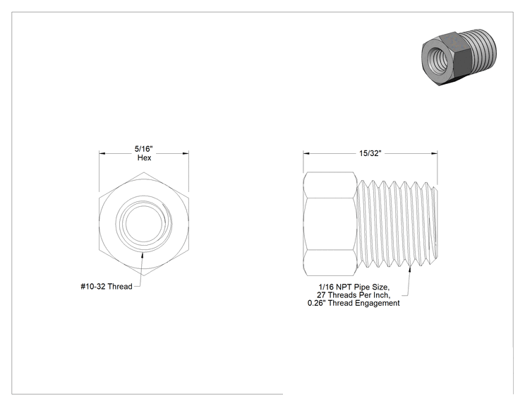 Teknik Çizim - Pirinç Burç Adaptörü, 1/16 NPT Erkek, 10-32 Dişi