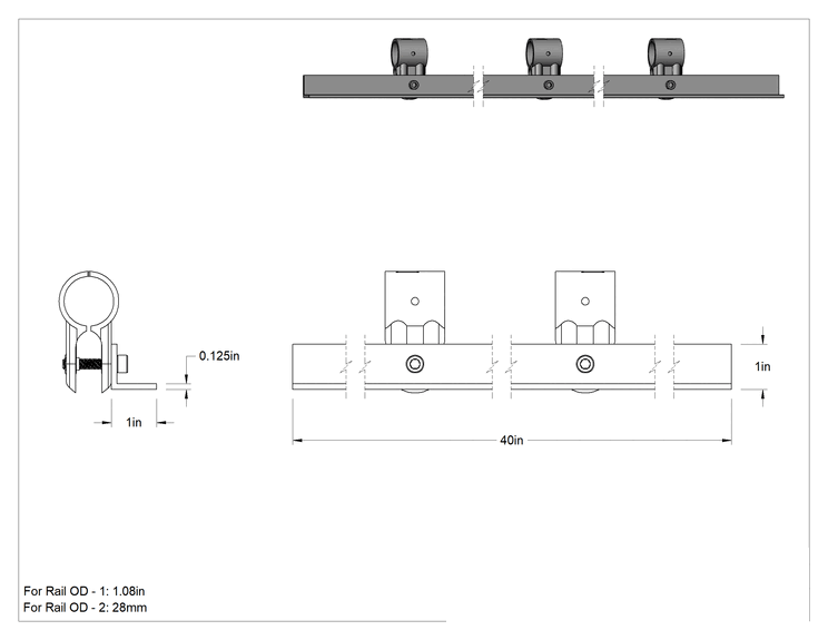 Teknik Çizim - 1.08" Dış Çaplı Kelepçeli Çerçeve Rayı için 40" Uzunlukta Kelepçeli Kutu Tutucu