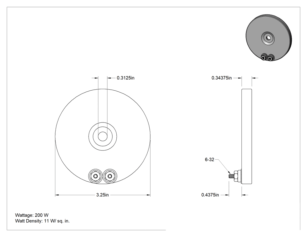 Teknik Çizim - Cıvata ve Kelepçe Montajlı Tam Disk Isıtıcı, Demir Kılıflı, 120V AC, 200W, 11W/sq. in.