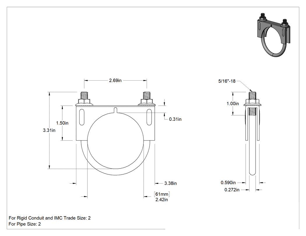 Teknik Çizim - Sıkıştırma U-Cıvatası, 304 Paslanmaz Çelik, 5/16"-18 Diş Boyutu, 2-3/8" İç Çap