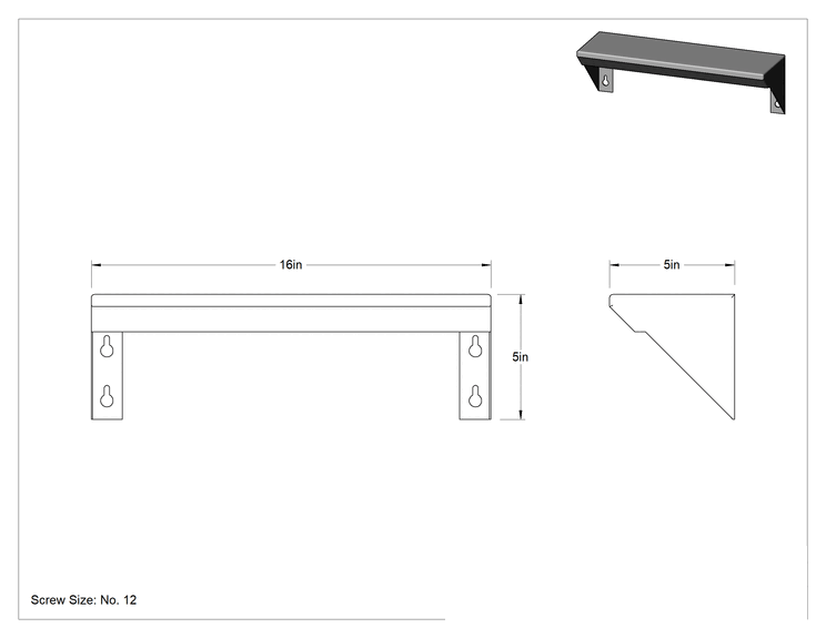 Teknik Çizim - Lavabo Rafı, 16 inç Genişlik x 5 inç Derinlik