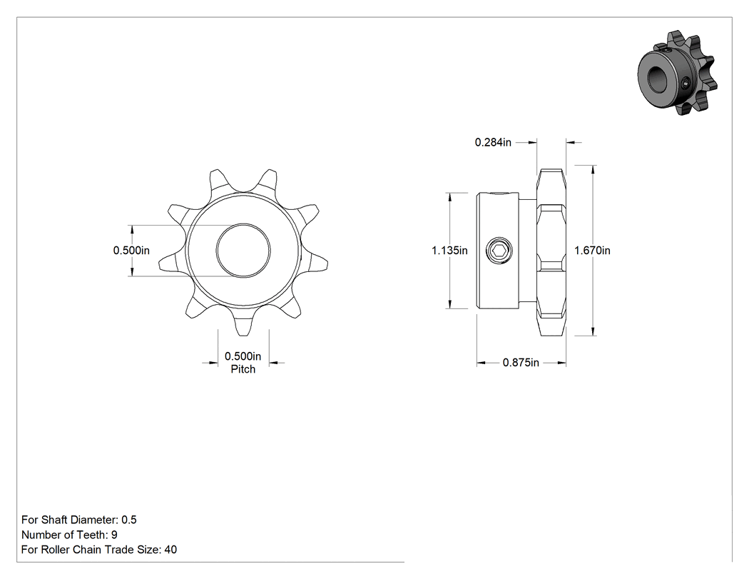 Teknik Çizim - Çelik Tek Sıralı Dişli, ANSI 40 Makaralı Zincir ve 1/2" Mil Çapı için, 9 Diş