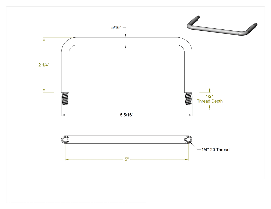 Teknik Çizim - Yuvarlak Tutma Kolu, 1/4"-20 Dişli Saplama, 5" Merkezden Merkeze Genişlik, 303 Paslanmaz Çelik