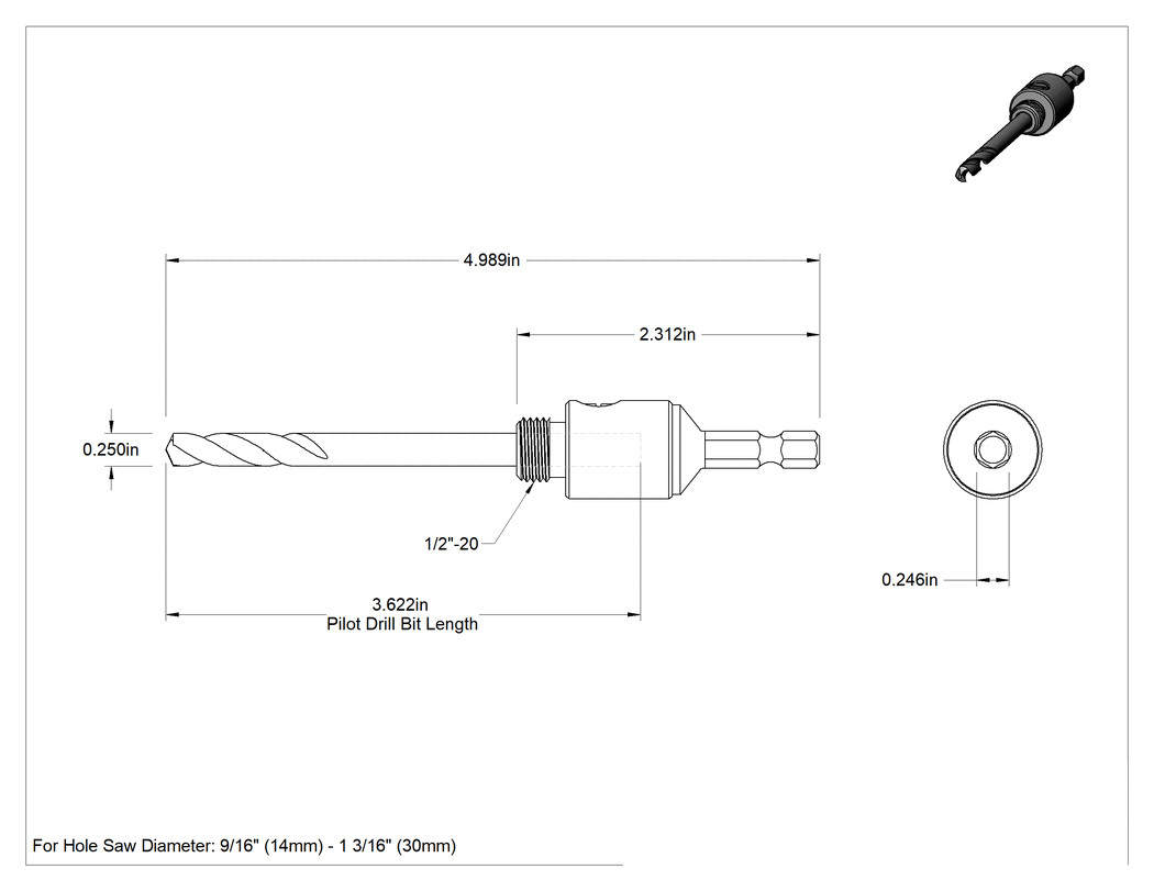 Teknik Çizim - Delik Testere için 3-5/8" Uzunlukta Matkap Ucu ile 1/4" Şaft Mil