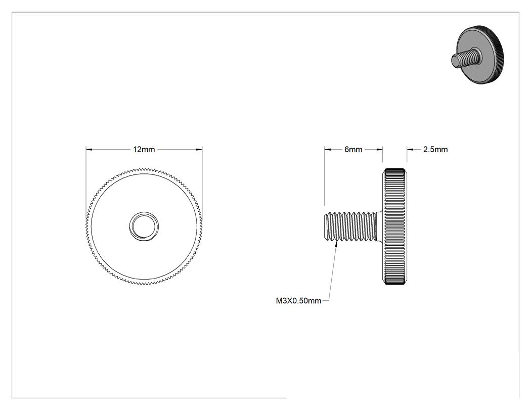 Teknik Çizim - Çelik Düşük Profilli Tırtıllı Başlı El Vidası, M3 x 0.5 mm Diş Boyutu, 6 mm Uzunluk
