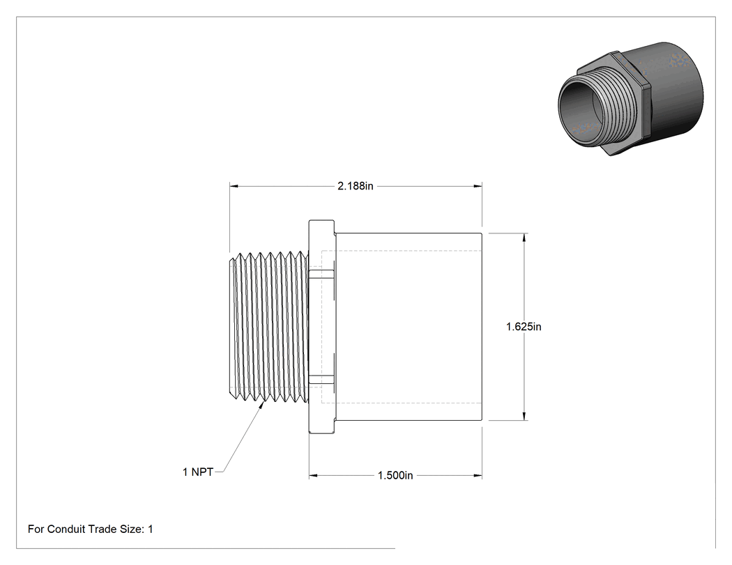 Teknik Çizim - Sert PVC Kanal için 1 Anma Ölçüsünde Dişi x 1 NPT Erkek Adaptör