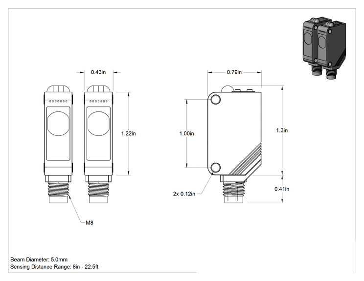 Teknik Çizim - Hassas Fotoelektrik Anahtar, 4 kutuplu Nano M8 fişli, Ayarlanabilir Reflektör, NPN Çıkışı