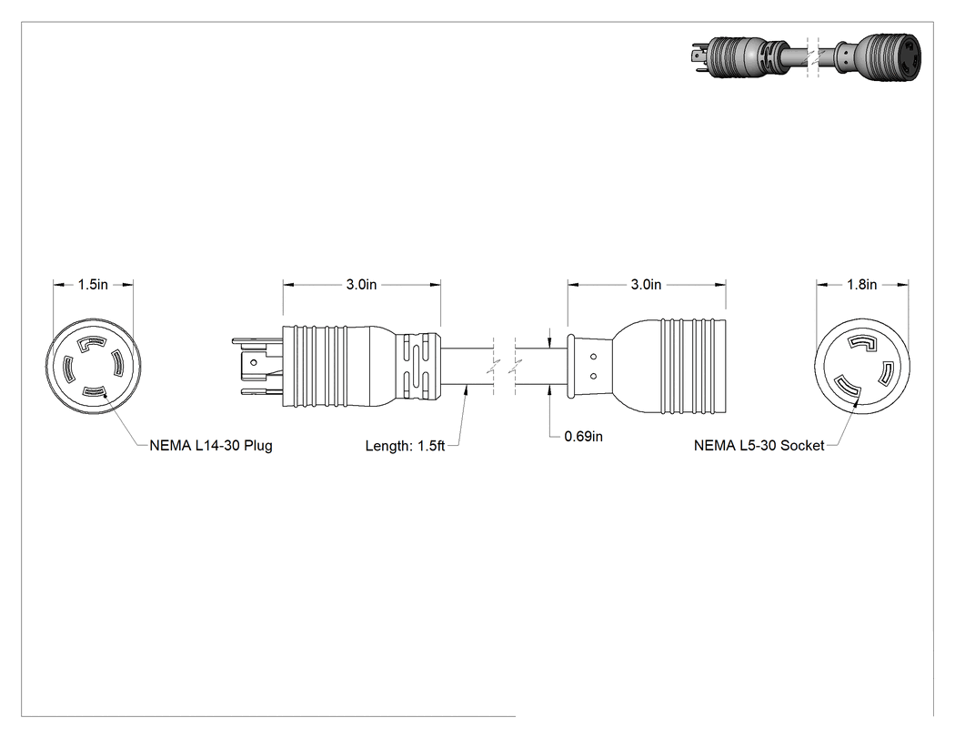 Teknik Çizim - NEMA L14-30 Fiş x NEMA L5-30 Priz Adaptörü