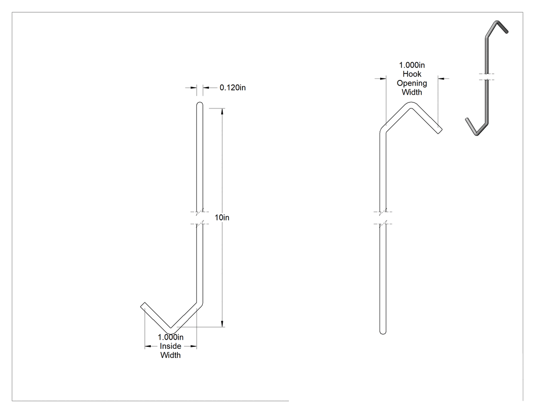 Teknik Çizim - Kaldırma Amaçlı Olmayan Açık Uçlu S-Kanca, V-Kancalı 90 Derece Büküm, 1/8" Kalınlık, 10" Kullanılabilir Uzunluk