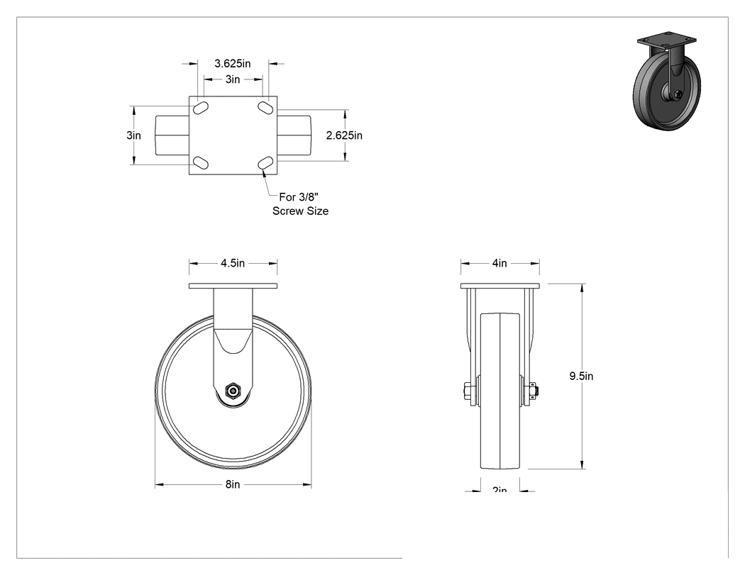 Teknik Çizim - 4-1/2" x 4" Plakalı Yüksek Kapasiteli Spartan Tekerlek, 8 inç Çapında Korumalı Rulmanlı Poliüretan Tekerlekli Sabit