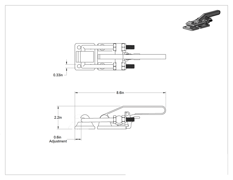 Teknik Çizim - Kilitli Tutamaçlı Mandal Tipi Mandal Kelepçe, U Tipi Kol, 18-8 Paslanmaz Çelik, 3100 lb Kapasite, 8-3/4" Toplam Uzunluk