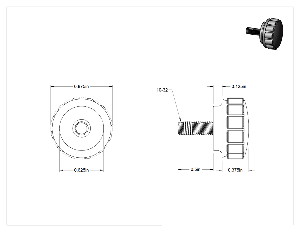 Teknik Çizim - Titreşime Dayanıklı Düğme, Yivli Tutamak, 7/8" Başlık Çapı, 10-32 Dişli Saplama