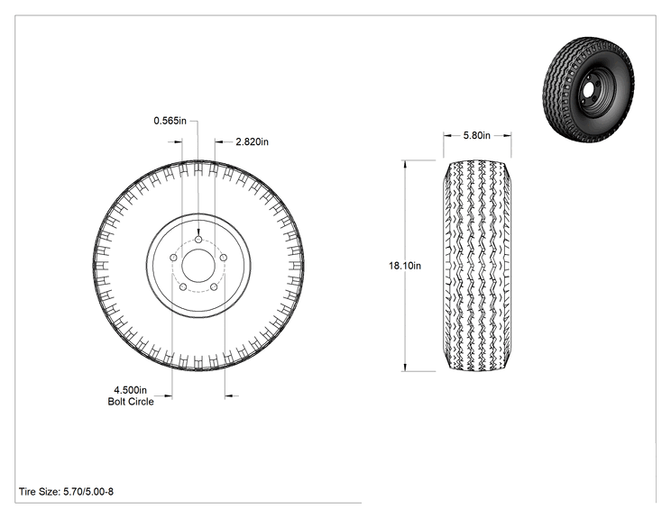 Teknik Çizim - Otoyol Kullanımı için Çelik Göbekli Pnömatik Römork Tekerleği, 5 Montaj Deliği, 18-1/8" Çap, 715 lbs. @ 50 PSI Tekerlek Başına