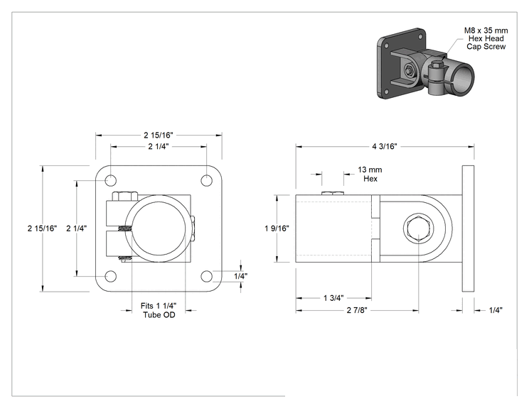Teknik Çizim - Ağır Hizmet Tipi Alüminyum Kelepçeli Çerçeve Bağlantı Elemanı, 1-1/4" Ray Dış Çapı için Kare Ayarlanabilir Açılı Flanşlı Ray Ucu