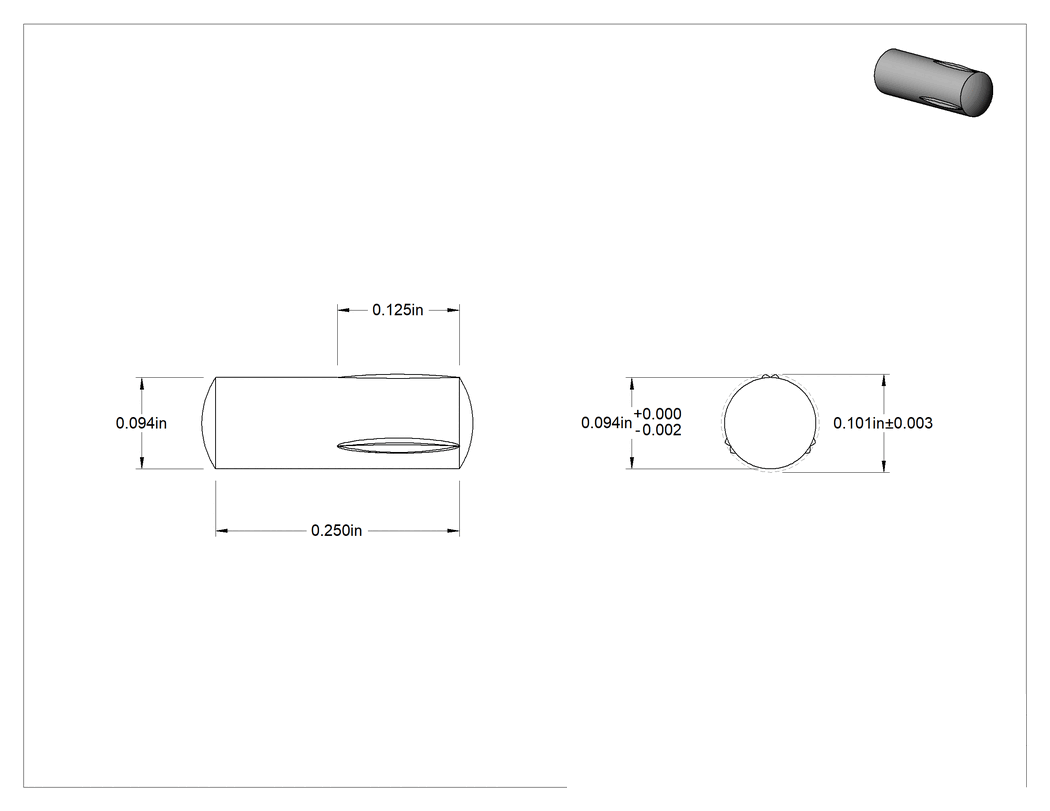 Teknik Çizim - Yarım Yivli Pim, Çinko Kaplı Çelik, 3/32" Çap, 1/4" Uzunluk