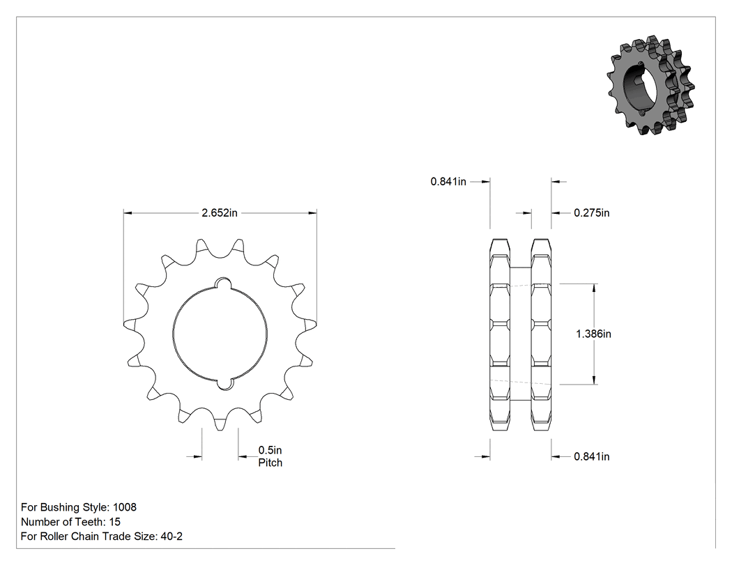 Teknik Çizim - Taper-Lock Burç-Delik Çift Sıralı Dişli, ANSI 40-2 Makaralı Zincir için, Aşınmaya Dayanıklı Çelik, 15 Diş