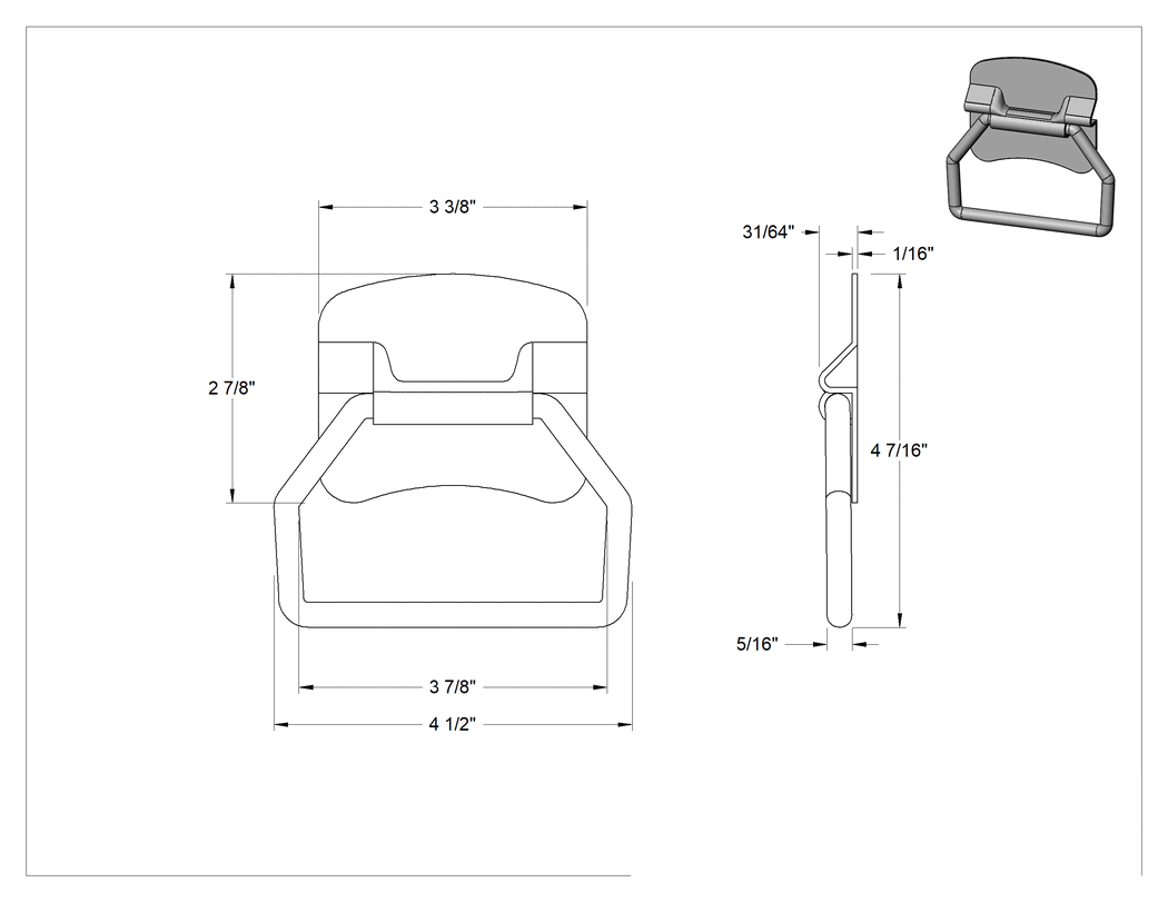 Teknik Çizim - Montaj Plakalı Yuvarlak Tutamaklı Katlanır Çekme Kolu, Kaynaklı, 1008 Düşük Karbonlu Çelik, 3-7/8" Genişlikte Tutamak