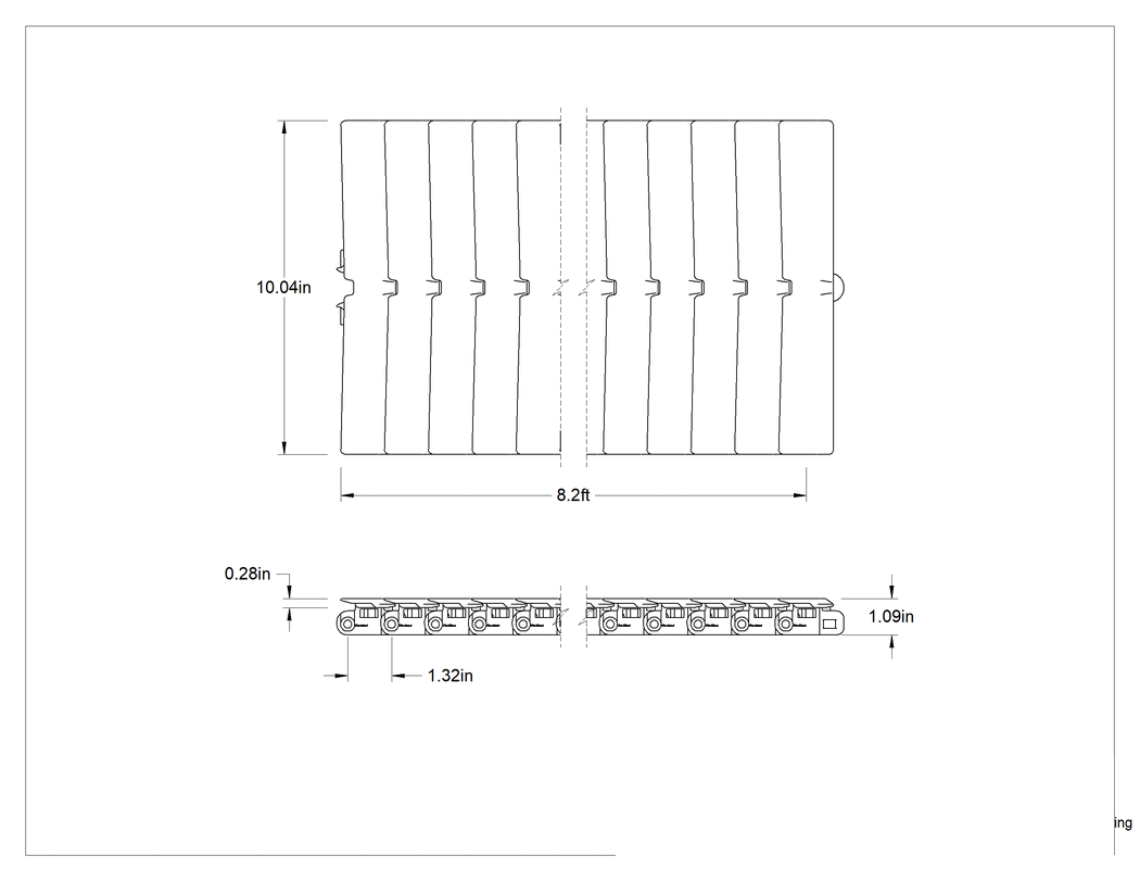 Teknik Çizim - 10.25" Genişlik x 7.5' Uzunluk Modüler Mini Zincirli Konveyör için Pürüzsüz Yüzeyli Kayış
