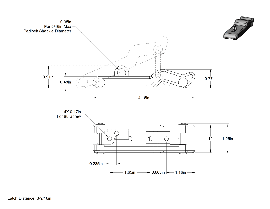 Teknik Çizim - Hava Koşullarına Dayanıklı Çekme Mandalı, Asma Kilitlenebilir, 4-3/16" Uzunluk x 1-1/4" Genişlik