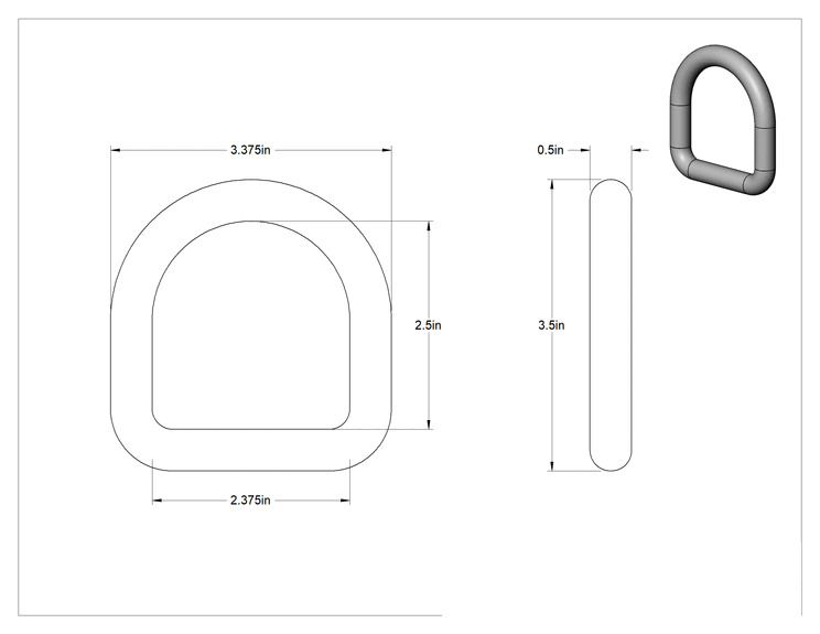 Teknik Çizim - Çinko Kaplı Çelik D-Halka, 1/2" Kalınlık, 2-1/2" İç Uzunluk